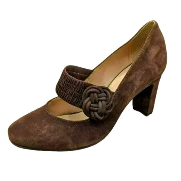 Nurture Madge Mary Jane Pumps 8.5 Brown Suede Leather Heeled Elastic Knot Strap - Picture 1 of 8